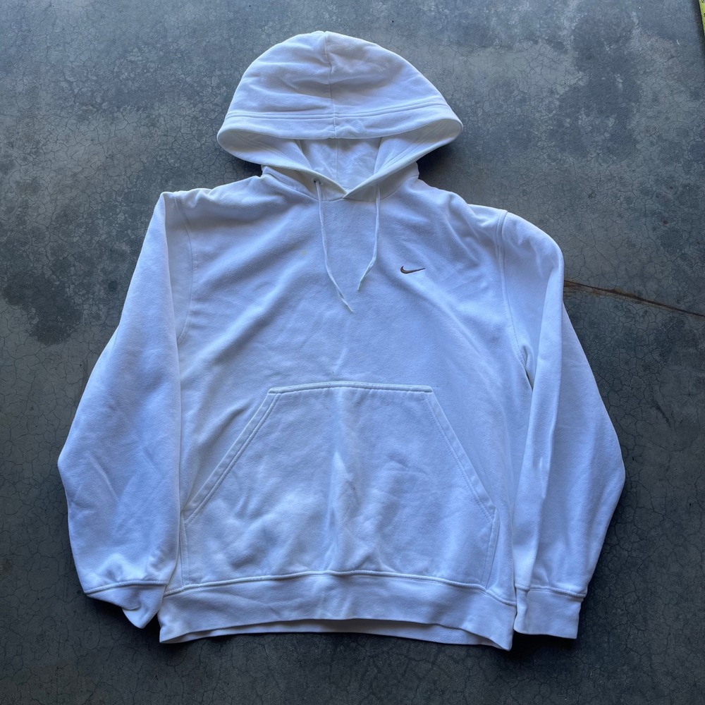 Nike Mens Mini Swoosh Pullover Hoodie White Fleece Size Medium Stained